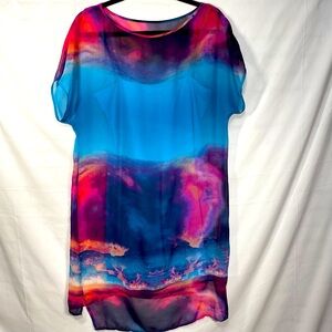 BISOU BISOU Turquoise Purple Pink Women Size 10 Boat Neck Sheer Lined Dress